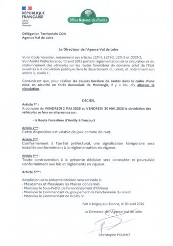 Travaux forestiers mai 2025 : Arrête ONF prefecture