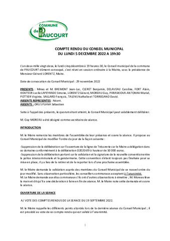 CR de la séance du Conseil Municipal du 5 décembre 2022