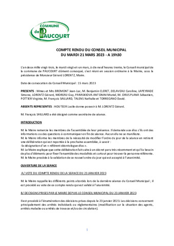 CR de la séance du Conseil Municipal du 21 mars 2023