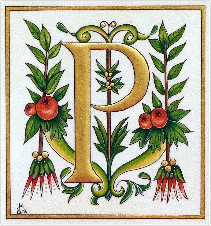 Le "P" de Paucourt, créé par Martine Connay, enlumineuse, pour le Comité des Fêtes, d'après Dom Morin