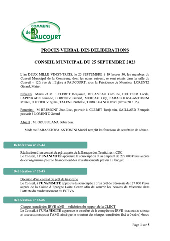 PV Délibération de la séance du Conseil Municipal du 25/09/2023